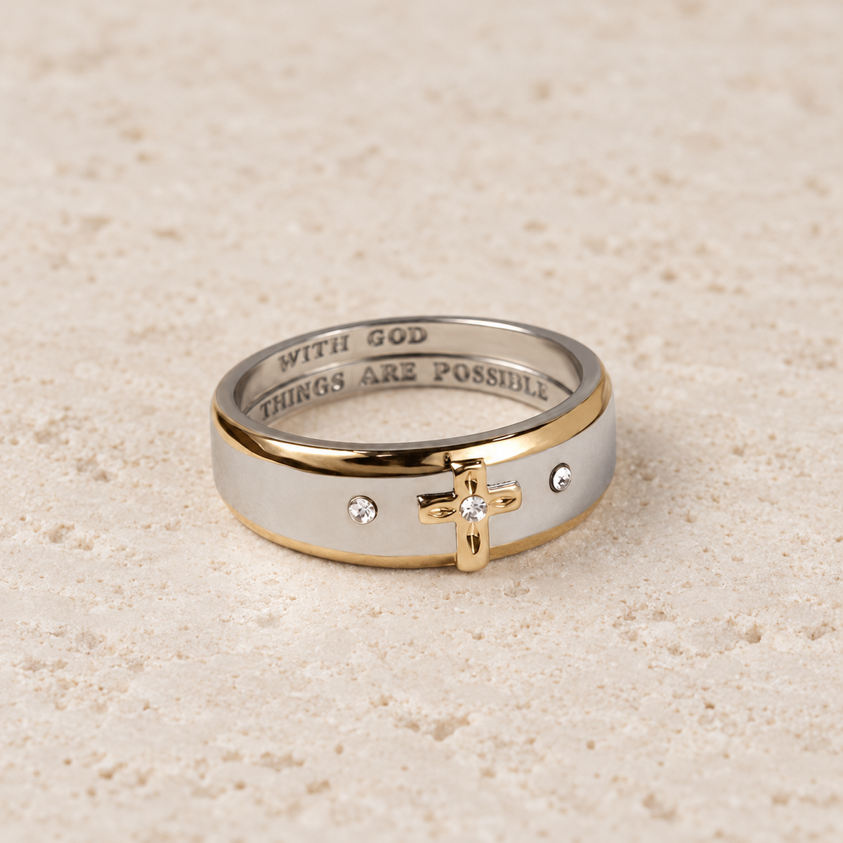 Modern Style Two-tone Gold Cross Alloy Ring(Made in Holy Land)