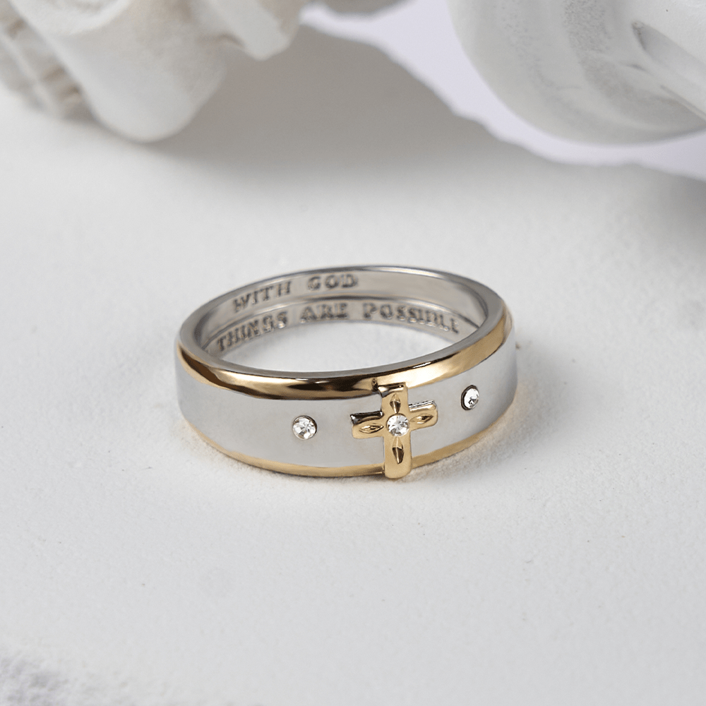 Anillo de Aleación con Cruz de Oro en Dos Tonos Estilo Moderno (Hecho en Tierra Santa)