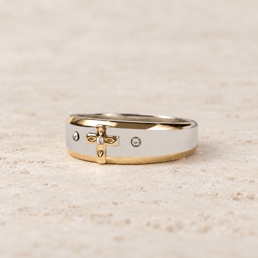 Modern Style Two-tone Gold Cross Alloy Ring(Made in Holy Land)