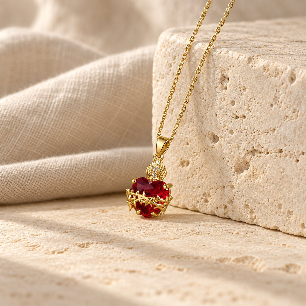 Modern Style Crafted Red Gemstones Sacred Heart of Jesus Pendant