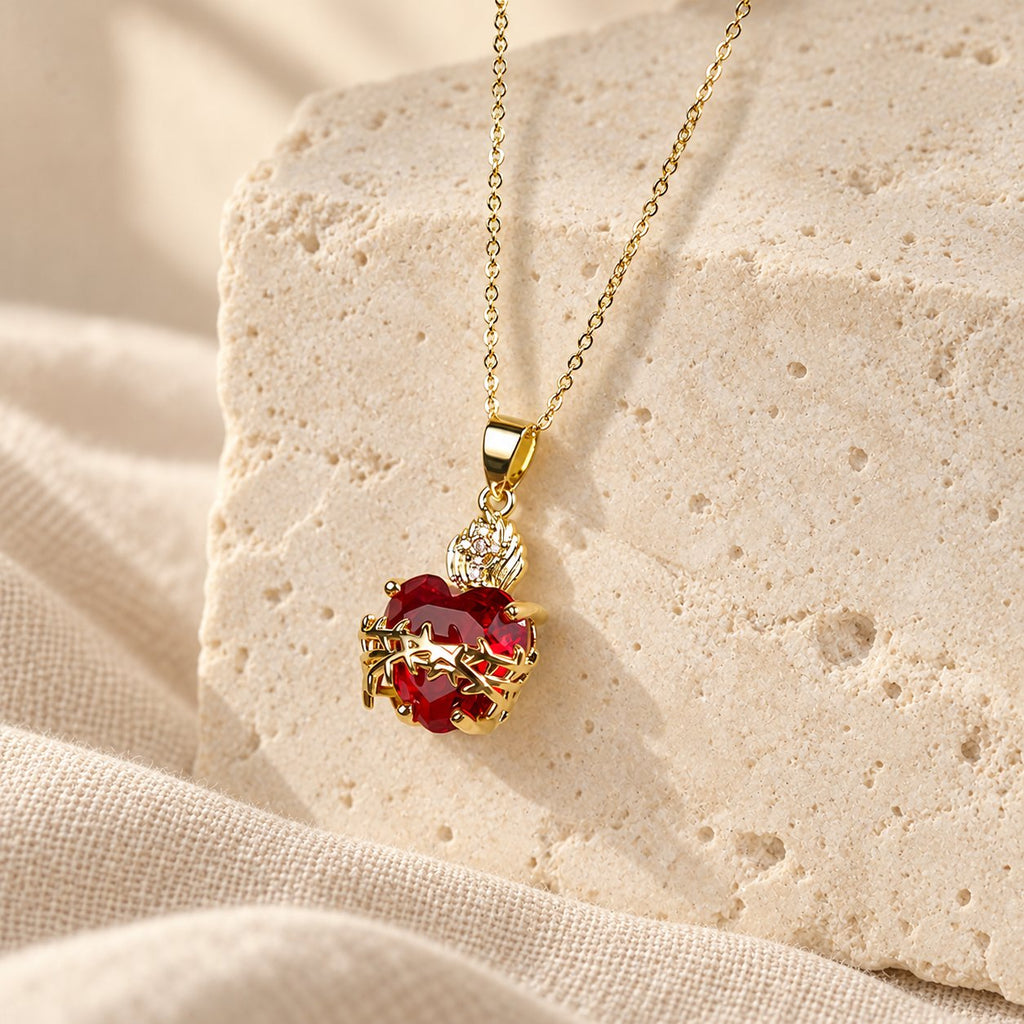 Modern Style Crafted Red Gemstones Sacred Heart of Jesus Pendant