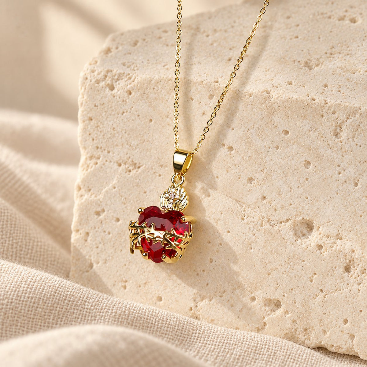 Modern Style Crafted Red Gemstones Sacred Heart of Jesus Pendant