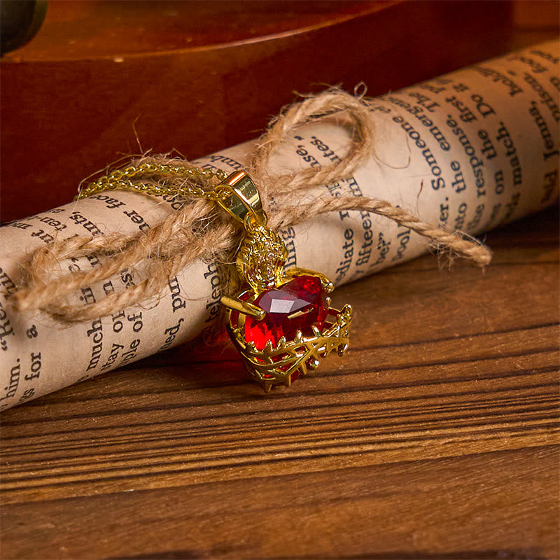 Collar con Dije del Sagrado Corazón de Jesús con Gemas Rojas Estilo Moderno
