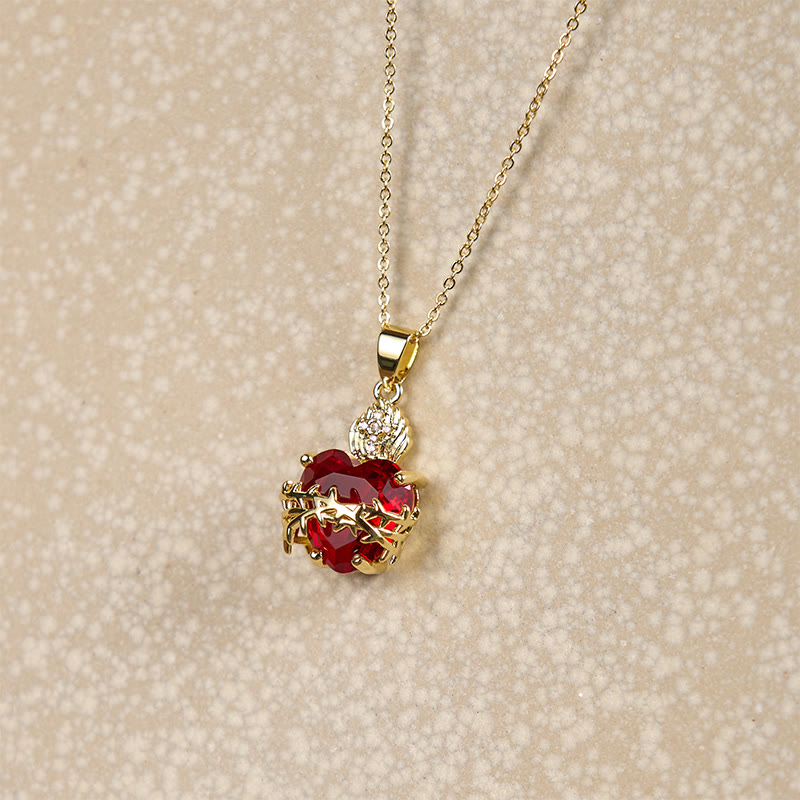 Collar con Dije del Sagrado Corazón de Jesús con Gemas Rojas Estilo Moderno