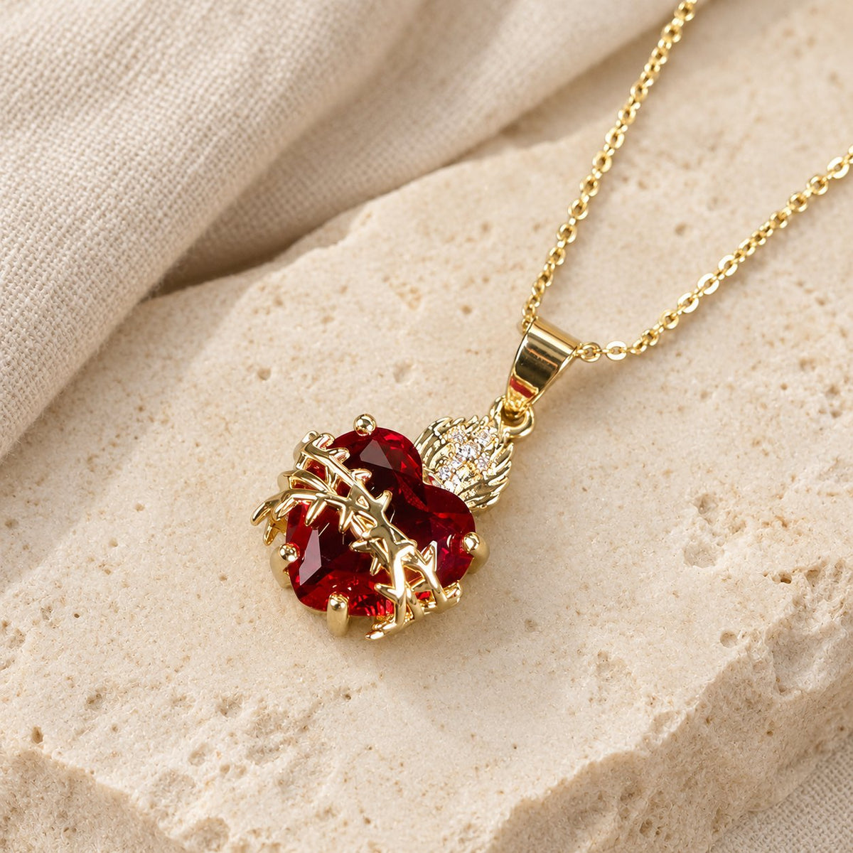 Modern Style Crafted Red Gemstones Sacred Heart of Jesus Pendant