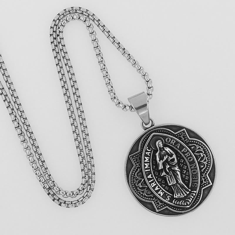 Collar con Dije Redondo con Patrón de la Virgen María Estilo Retro