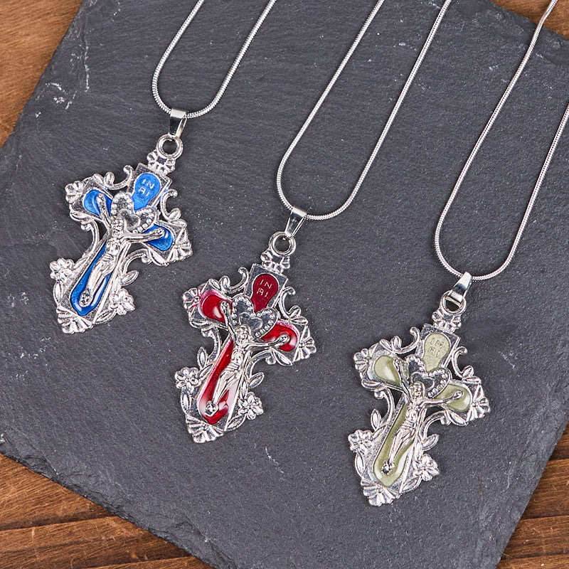 Collar con Dije de Fe Crucifijo Cruz de Jesús en 4 Colores Estilo Clásico