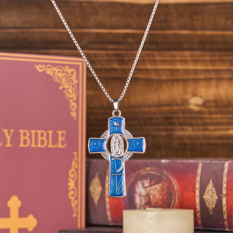 Collar con Dije de Cruz de Fe con la Virgen María y la Virgen de Guadalupe en 6 Colores