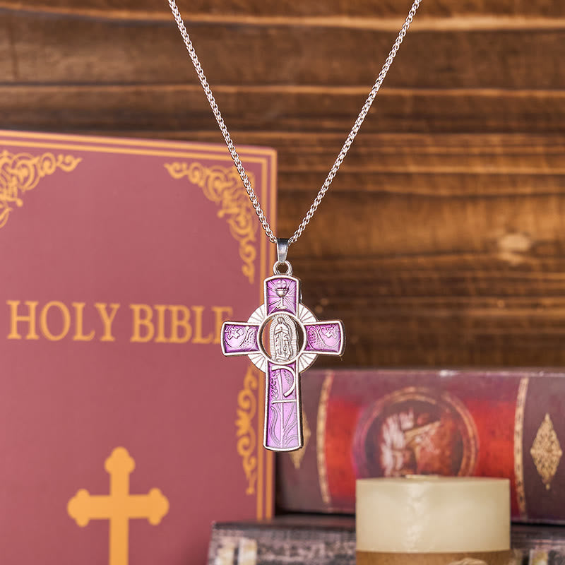 Collar con Dije de Cruz de Fe con la Virgen María y la Virgen de Guadalupe en 6 Colores