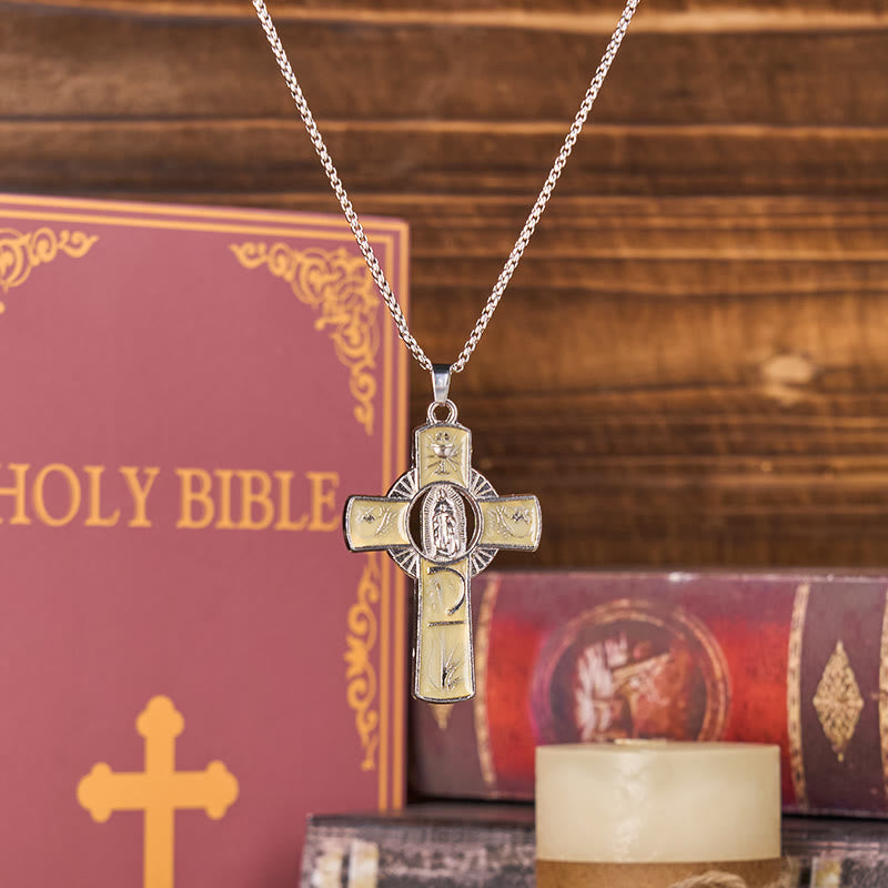 Collar con Dije de Cruz de Fe con la Virgen María y la Virgen de Guadalupe en 6 Colores