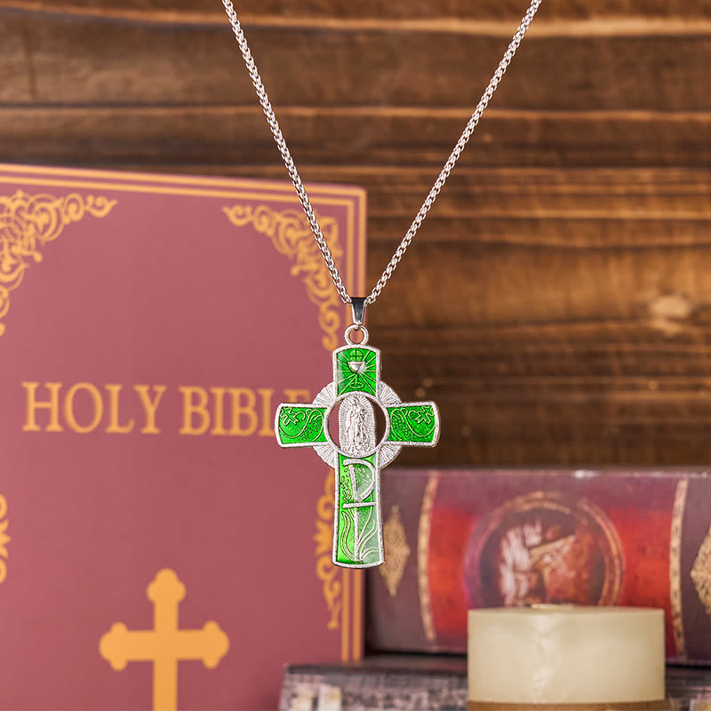 Collar con Dije de Cruz de Fe con la Virgen María y la Virgen de Guadalupe en 6 Colores