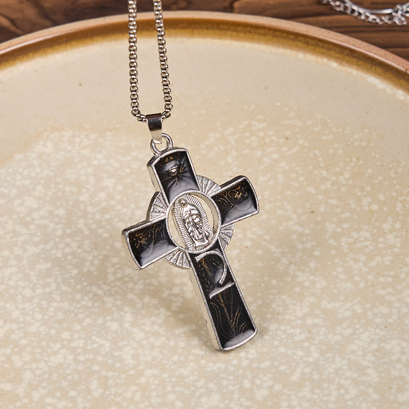 Collar con Dije de Cruz de Fe con la Virgen María y la Virgen de Guadalupe en 6 Colores