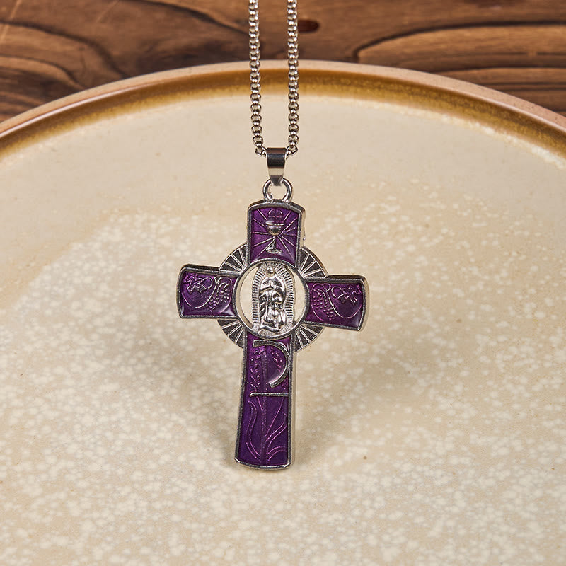 Collar con Dije de Cruz de Fe con la Virgen María y la Virgen de Guadalupe en 6 Colores