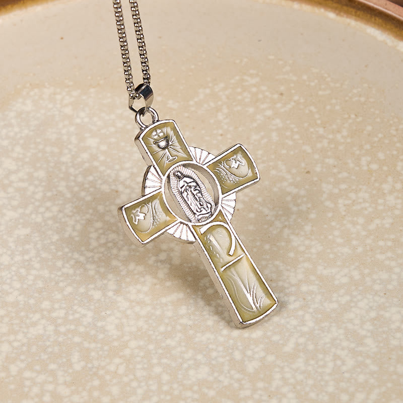 Collar con Dije de Cruz de Fe con la Virgen María y la Virgen de Guadalupe en 6 Colores