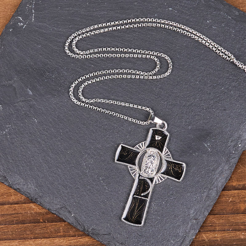 Collar con Dije de Cruz de Fe con la Virgen María y la Virgen de Guadalupe en 6 Colores