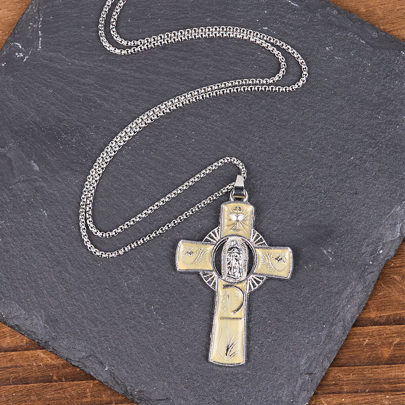 Collar con Dije de Cruz de Fe con la Virgen María y la Virgen de Guadalupe en 6 Colores