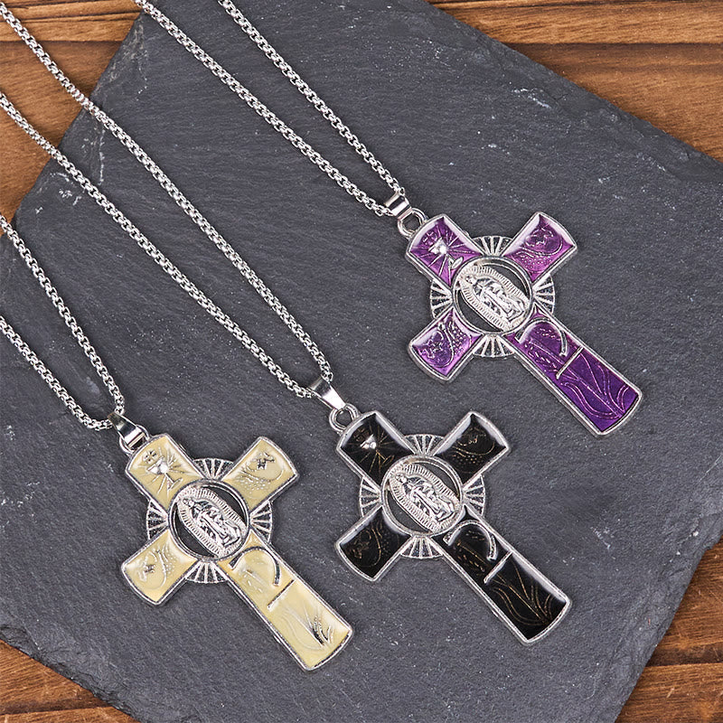 Collar con Dije de Cruz de Fe con la Virgen María y la Virgen de Guadalupe en 6 Colores