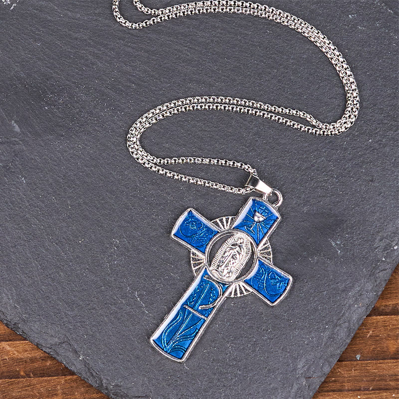 Collar con Dije de Cruz de Fe con la Virgen María y la Virgen de Guadalupe en 6 Colores