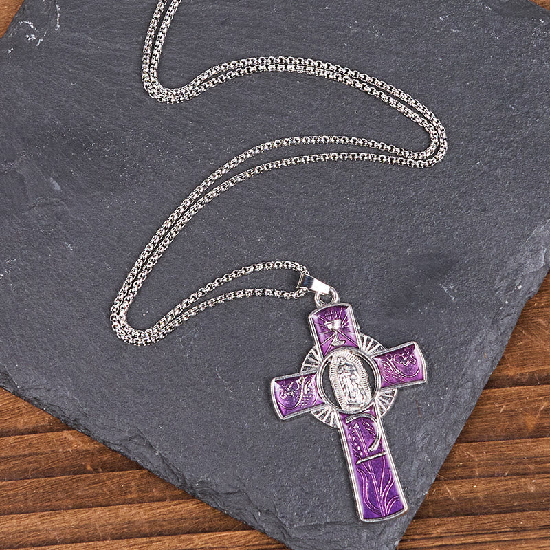 Collar con Dije de Cruz de Fe con la Virgen María y la Virgen de Guadalupe en 6 Colores