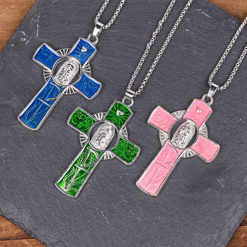 Collar con Dije de Cruz de Fe con la Virgen María y la Virgen de Guadalupe en 6 Colores