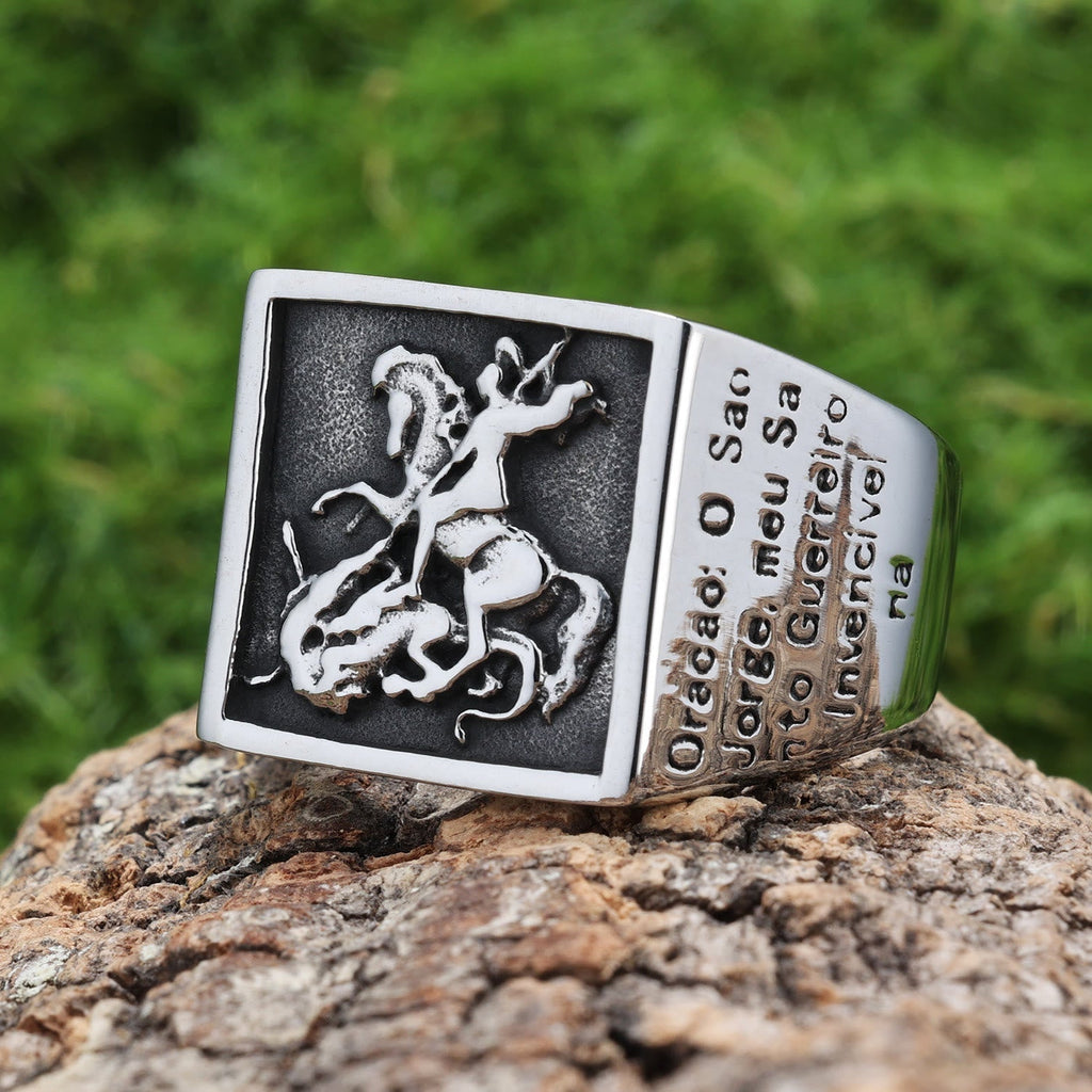 Anillo de Protección Divina San Jorge Venciendo al Dragón Estilo Retro Clásico