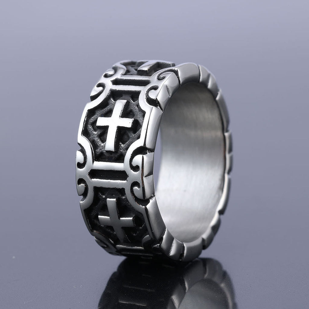 Anillo de Protección de Acero Inoxidable con Cruz Grabada Estilo Retro