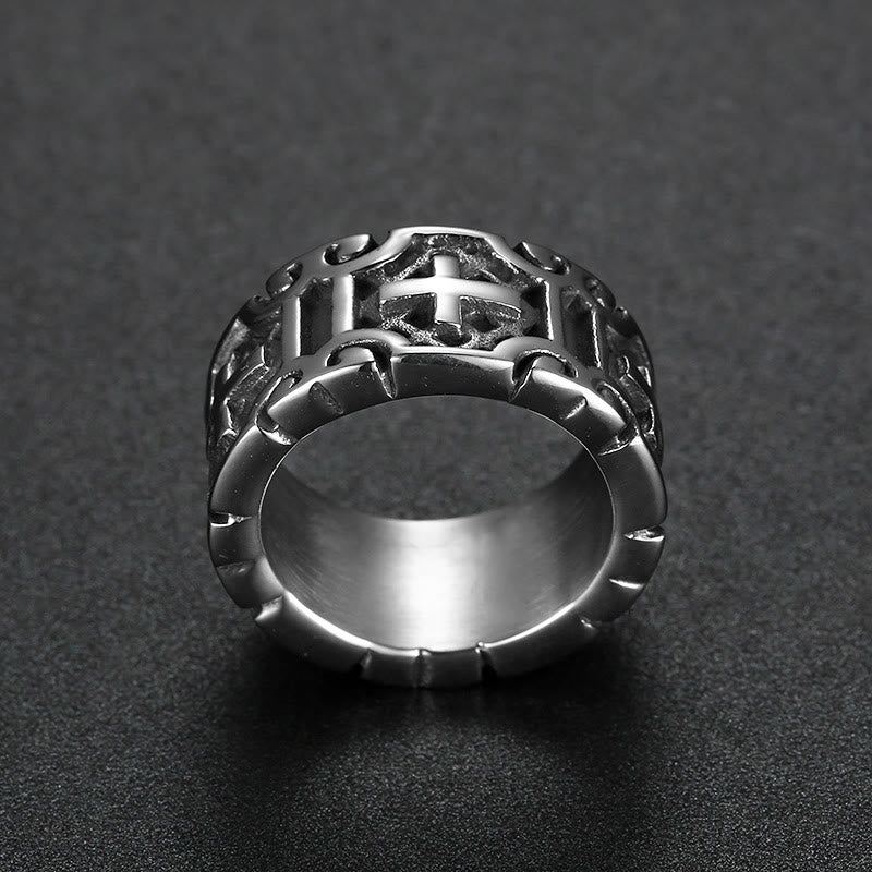 Anillo de Protección de Acero Inoxidable con Cruz Grabada Estilo Retro