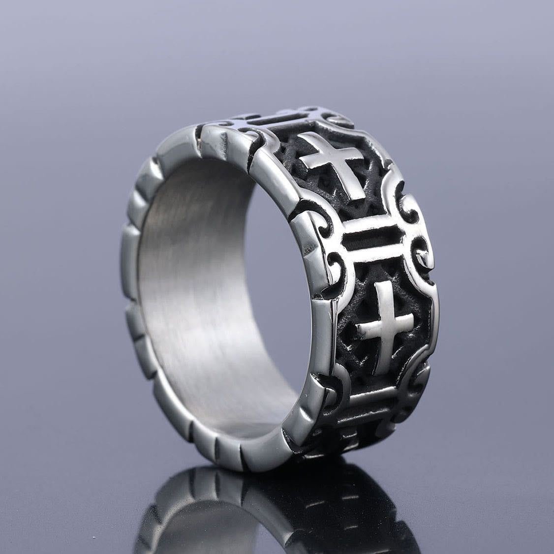 Anillo de Protección de Acero Inoxidable con Cruz Grabada Estilo Retro