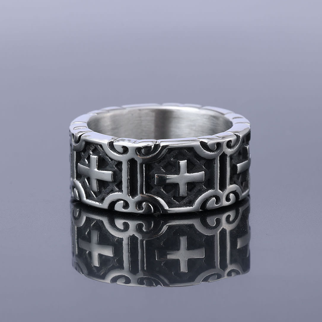 Anillo de Protección de Acero Inoxidable con Cruz Grabada Estilo Retro