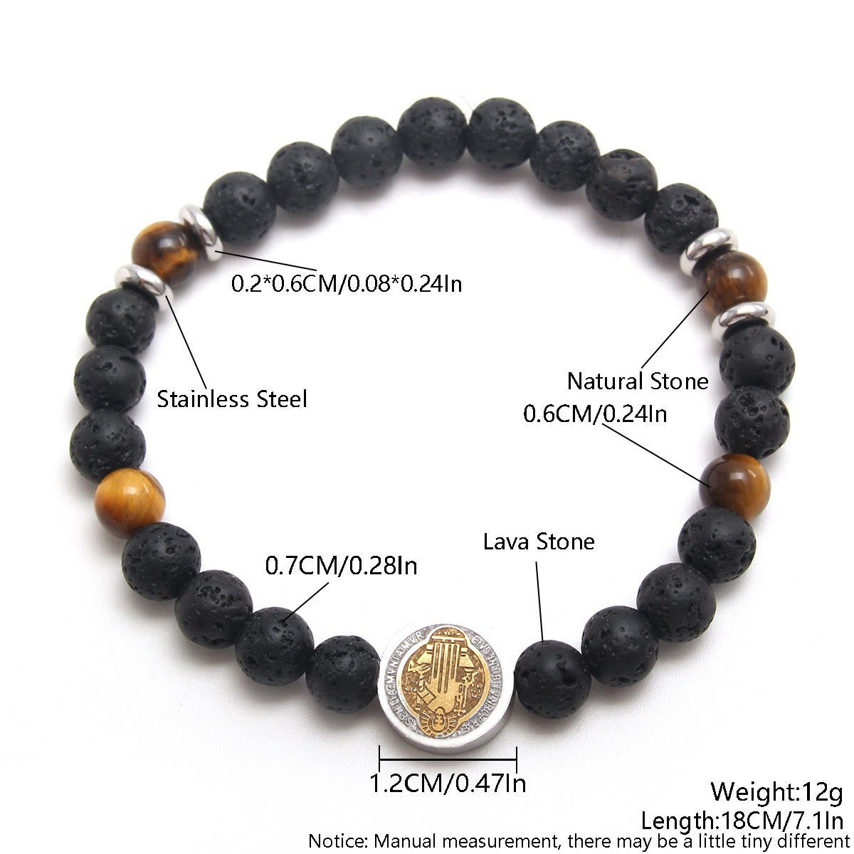 Pulsera de San Benito de Piedra Volcánica y Ojo de Tigre Amarillo