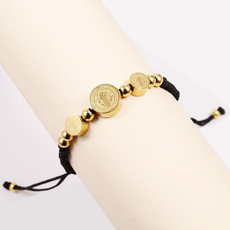 Pulsera de Cordón Negro Trenzado de San Benito en Acero Inoxidable