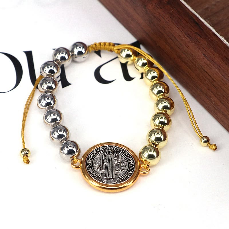Pulsera Ajustable Bicolor de Cuentas de Cobre con Medalla de San Benito