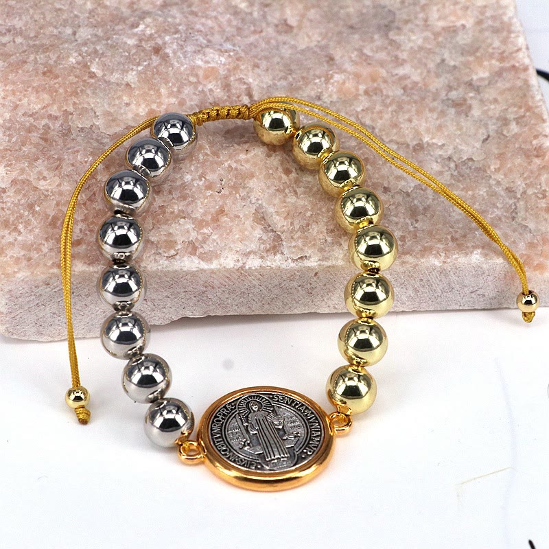 Pulsera Ajustable Bicolor de Cuentas de Cobre con Medalla de San Benito