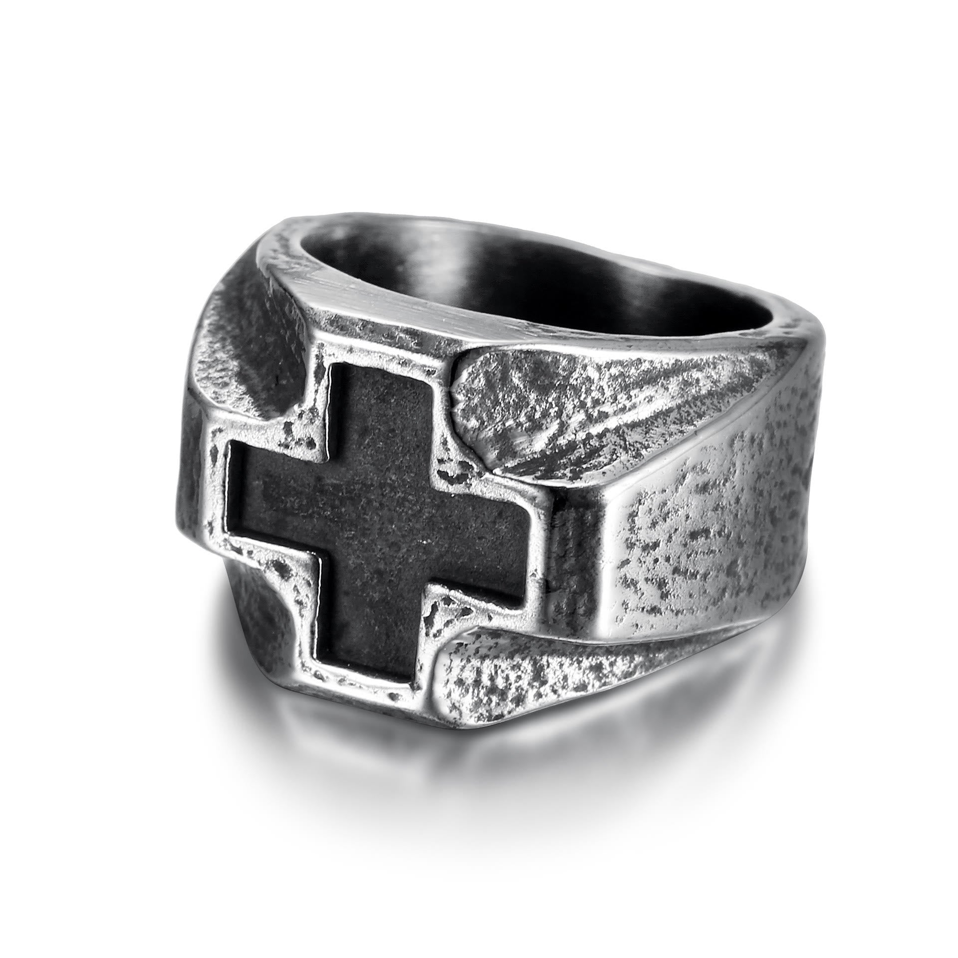 Anillo de Fe de Acero Inoxidable con Cruz Grabada Estilo Metal Pesado