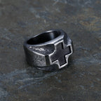 Anillo de Fe de Acero Inoxidable con Cruz Grabada Estilo Metal Pesado