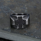Anillo de Fe de Acero Inoxidable con Cruz Grabada Estilo Metal Pesado
