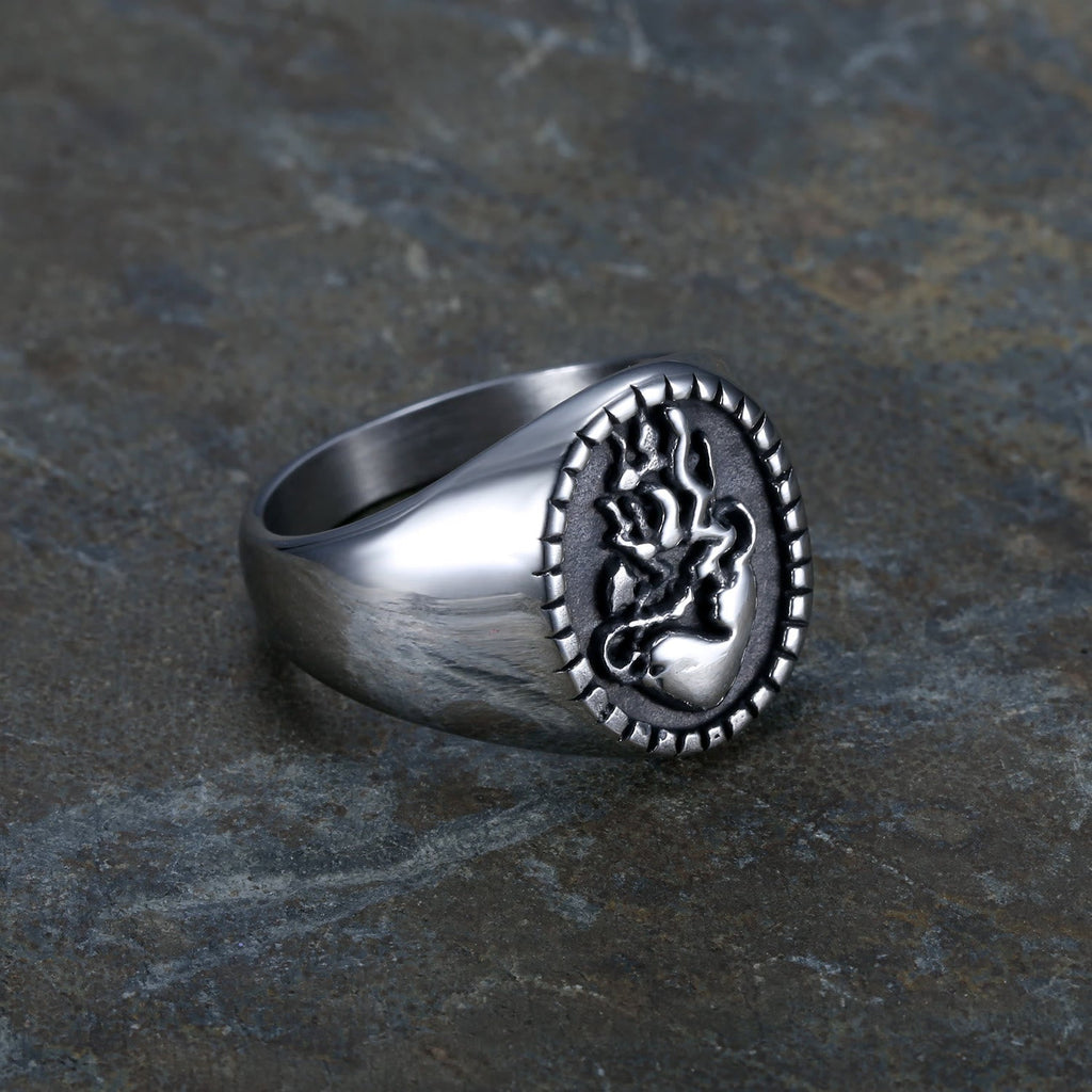 Anillo de Fe de Acero Inoxidable con Sagrado Corazón de Jesús Grabado Estilo Retro Clásico