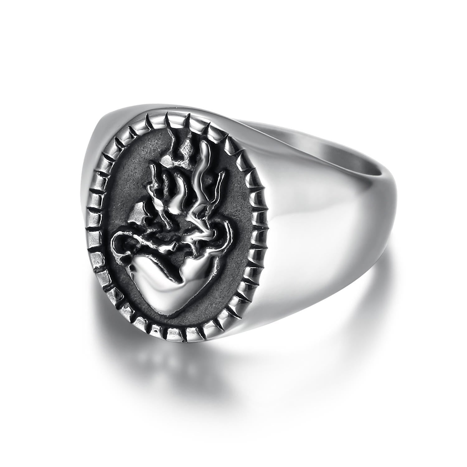 Anillo de Fe de Acero Inoxidable con Sagrado Corazón de Jesús Grabado Estilo Retro Clásico