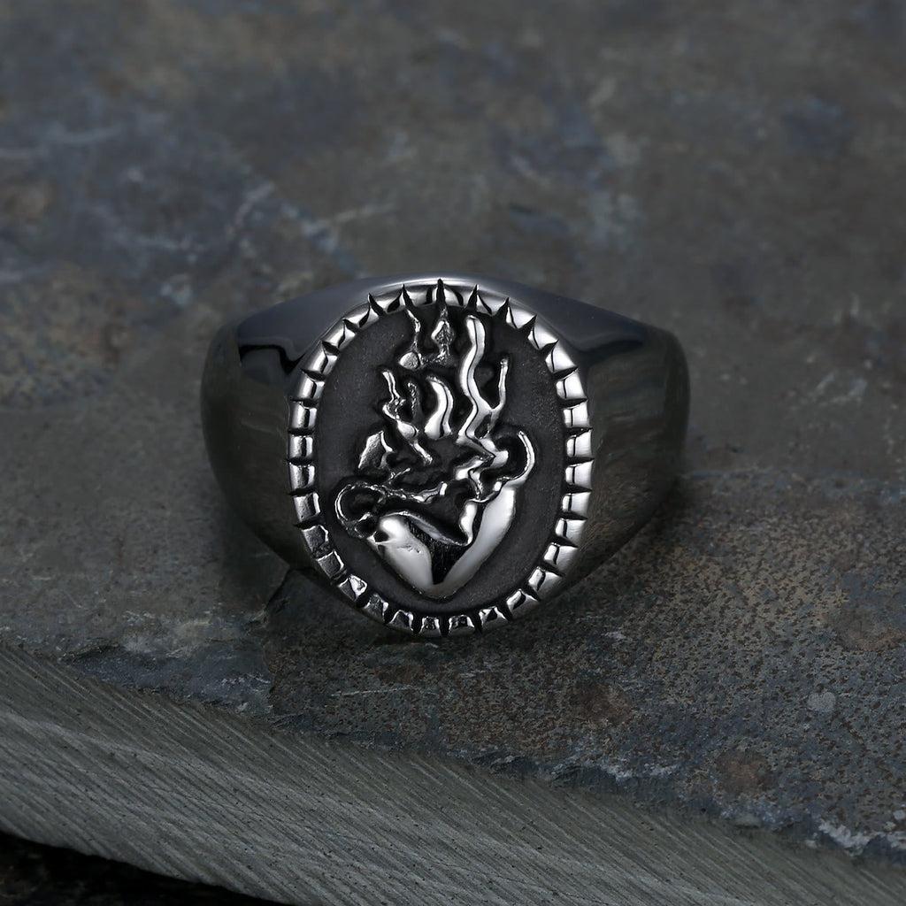 Anillo de Fe de Acero Inoxidable con Sagrado Corazón de Jesús Grabado Estilo Retro Clásico