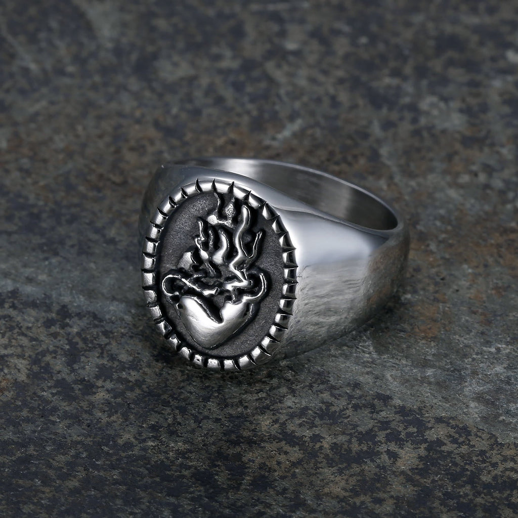 Anillo de Fe de Acero Inoxidable con Sagrado Corazón de Jesús Grabado Estilo Retro Clásico