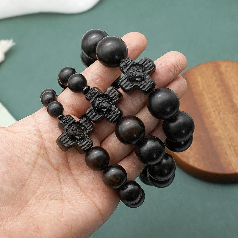 Pulsera Rosario Clásica de Sándalo Negro con Cruz de Jesucristo