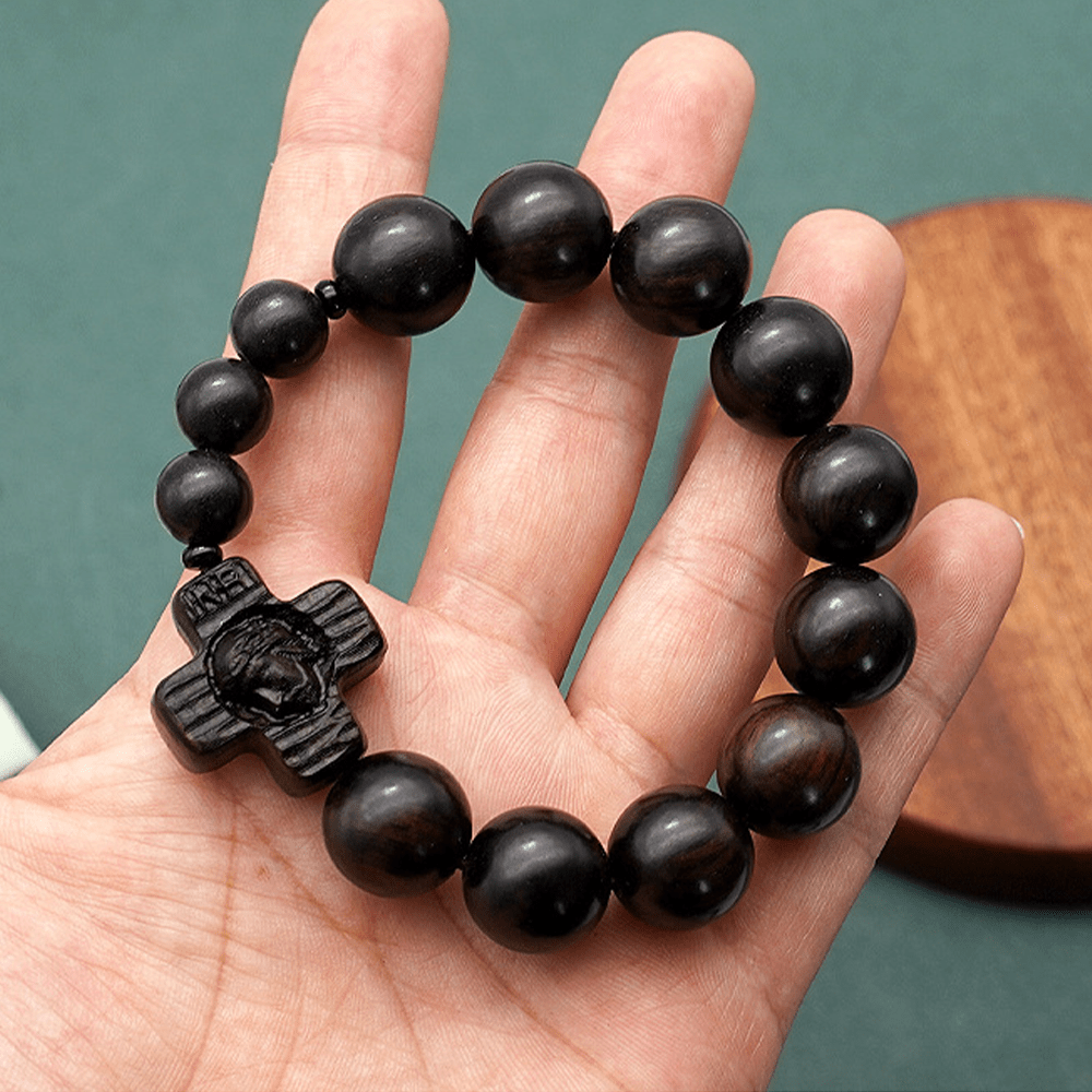 Pulsera Rosario Clásica de Sándalo Negro con Cruz de Jesucristo