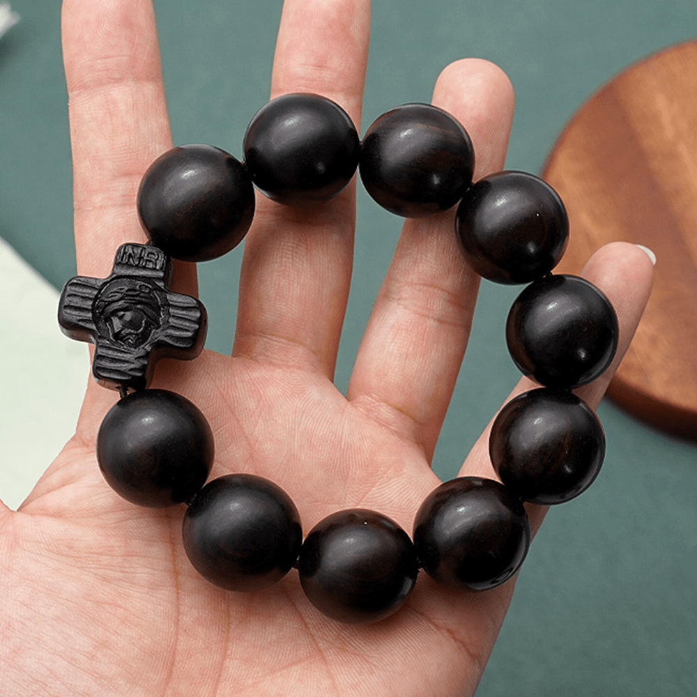 Pulsera Rosario Clásica de Sándalo Negro con Cruz de Jesucristo