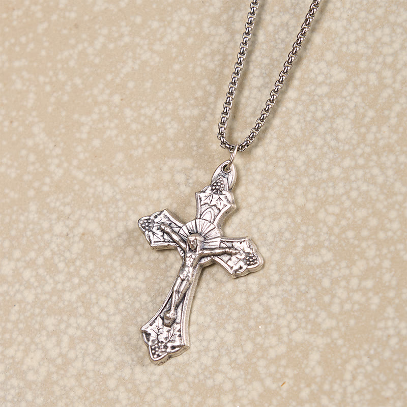 Collar con Dije Crucifijo de Jesús con Hojas de Vid y Patrón Retro Exclusivo