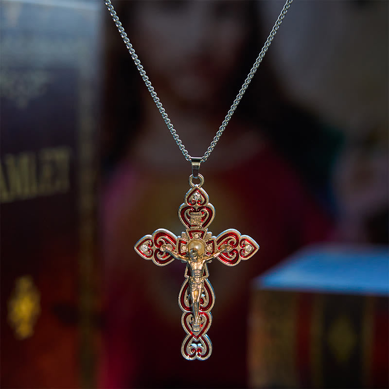 Collar con Dije Crucifijo de la Trinidad con Perla y 3 Gemas en 6 Colores