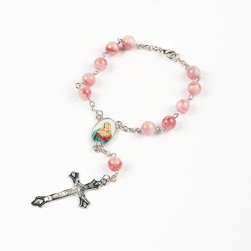 Rosario de Cadena de Aleación Rosa de 8 mm del Inmaculado Corazón de María