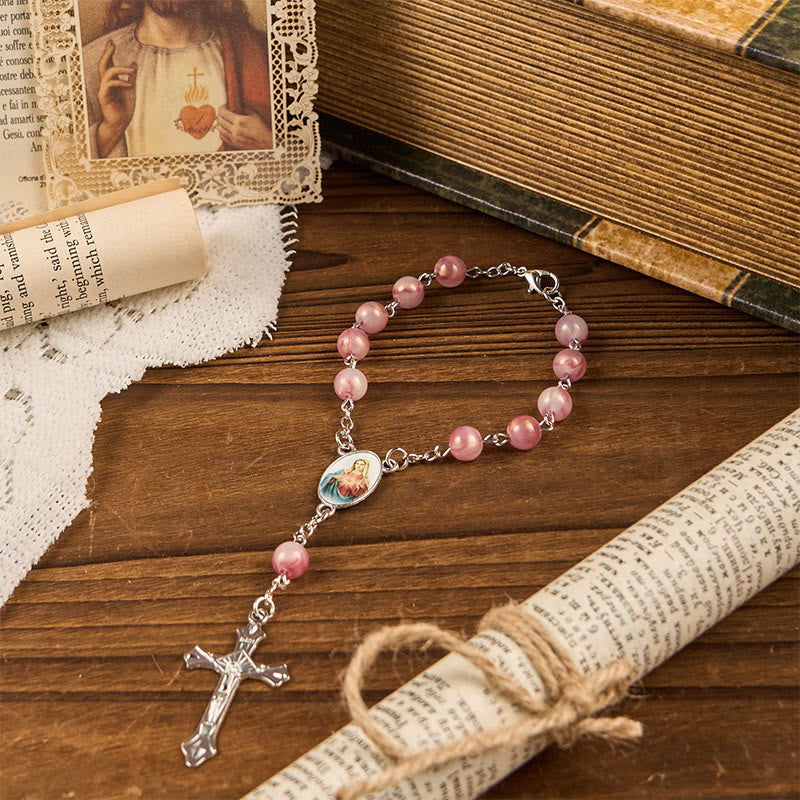 Rosario de Cadena de Aleación Rosa de 8 mm del Inmaculado Corazón de María