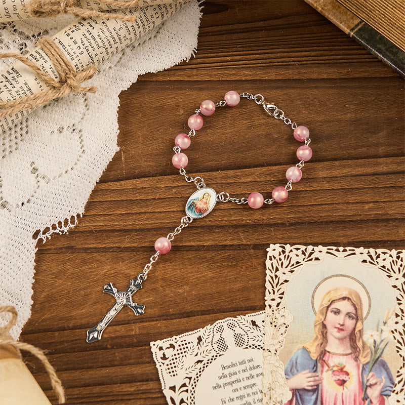 Rosario de Cadena de Aleación Rosa de 8 mm del Inmaculado Corazón de María