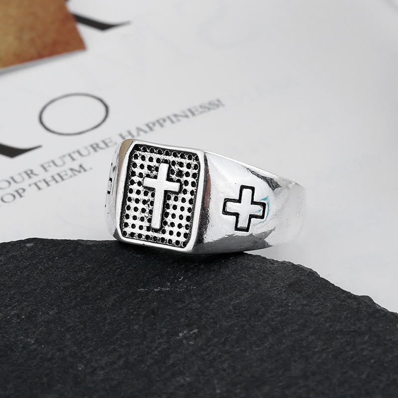 Anillo de Fe Ajustable de Plata de Ley 925 con Cruz Grabada Minimalista