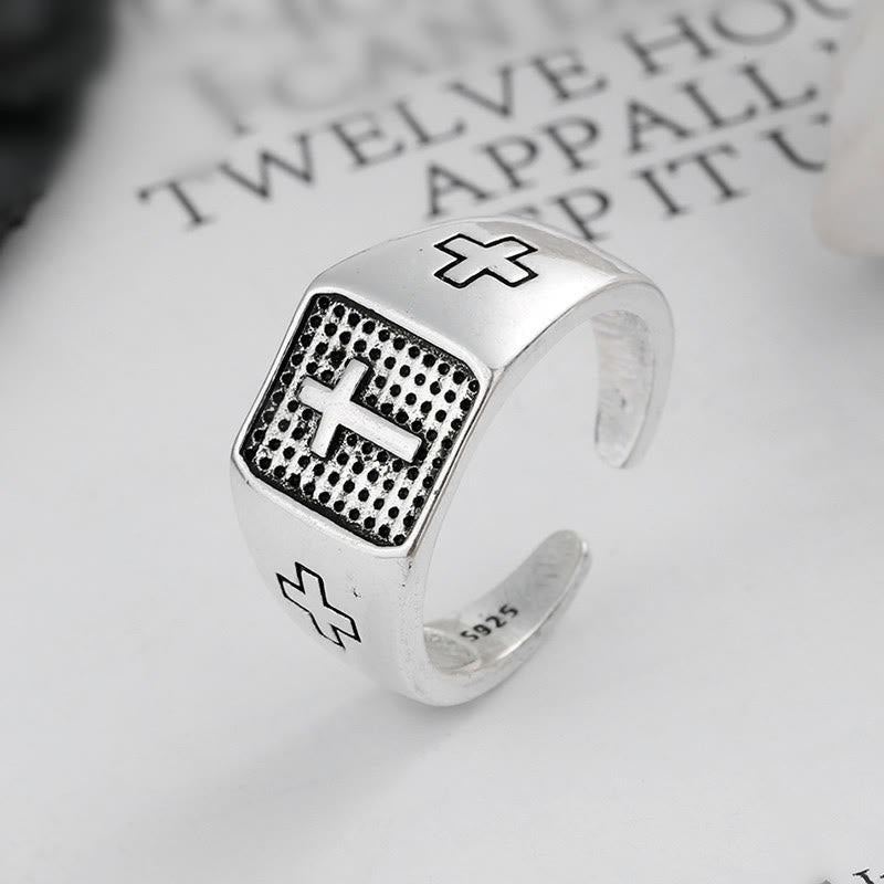 Anillo de Fe Ajustable de Plata de Ley 925 con Cruz Grabada Minimalista